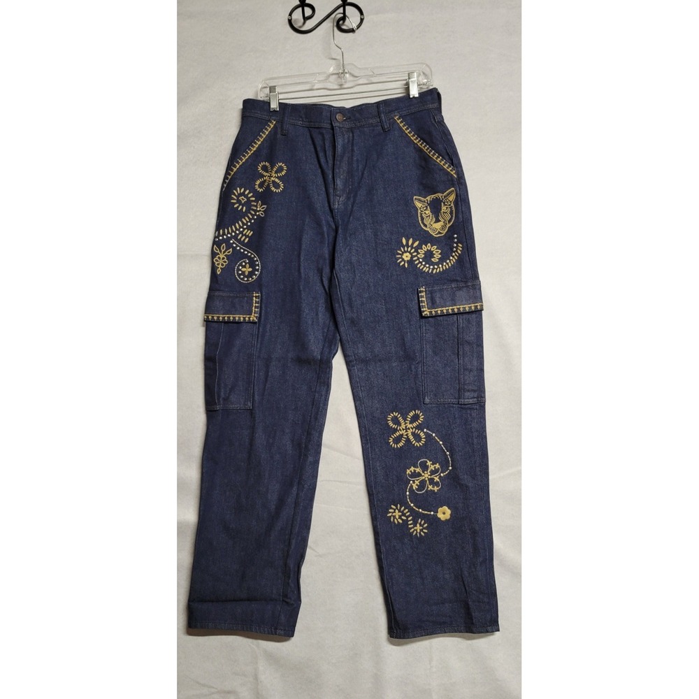 Johnny Was High Rise Relaxed Fit Alex Cargo Jeans W/ Embroidered Trim Sz 29